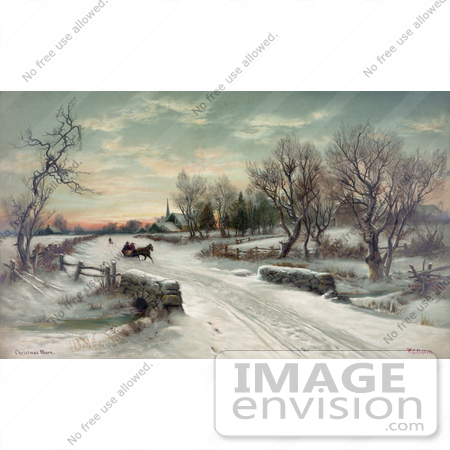 #35667 Stock Illustration of a Couple Riding In A Horse Drawn Sleigh on Christmas Morning by JVPD