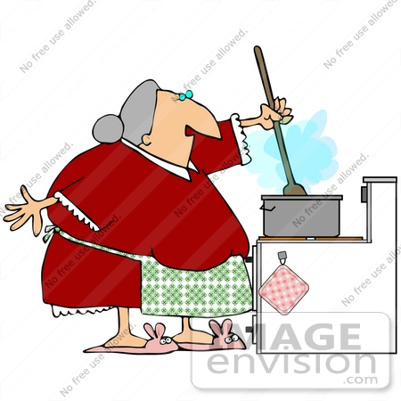 #35696 Clip Art Graphic of a Chubby Grandmother In A Red Dress And Bunny Slippers, Stirring Food While Cooking In The Kitchen by DJArt