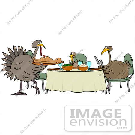#35701 Clip Art Graphic of a Family Of Turkey Birds Eating Thanksgiving Consisting Of Mashed Potatoes, Veggies And Human by DJArt