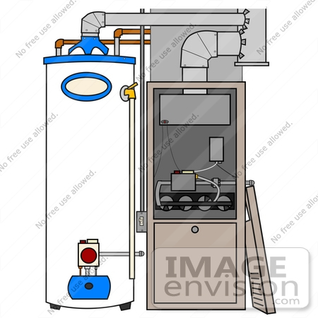 #35705 Clip Art Graphic of a White and Blue Water Heater Beside a Furnace by DJArt