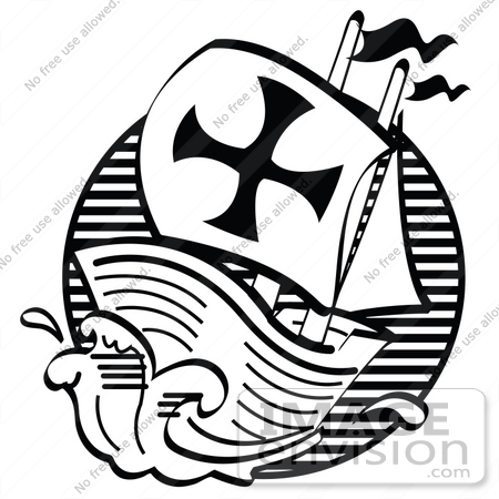 Clip Art Graphic Of The Mayflower Pilgrim Ship Sailing Rough Seas Black And White By Andy Nortnik Royalty Free Stock Cliparts