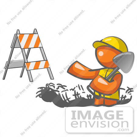 #35738 Clip Art Graphic of an Orange Guy Character In A Hardhat, Digging In The Road At A Construction Site by Jester Arts