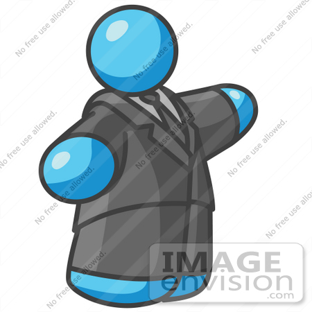 #35768 Clip Art Graphic of a Sky Blue Guy Character in a Business Suit, Pointing by Jester Arts