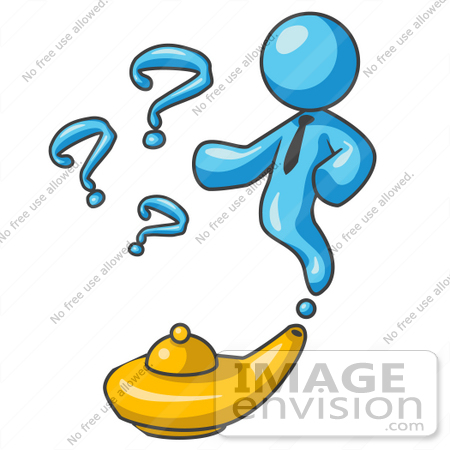 #35771 Clip Art Graphic of a Sky Blue Guy Character Emerging From a Genie Lamp by Jester Arts