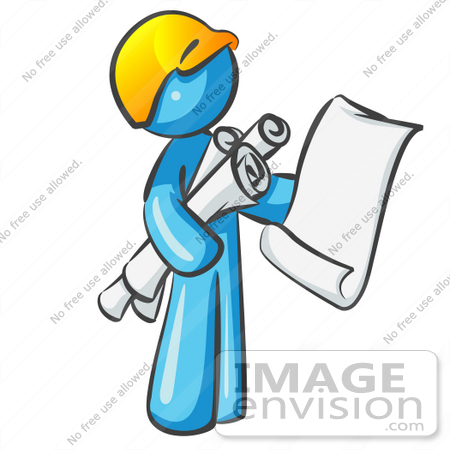 #35775 Clip Art Graphic of a Sky Blue Guy Character Holding Blueprints by Jester Arts