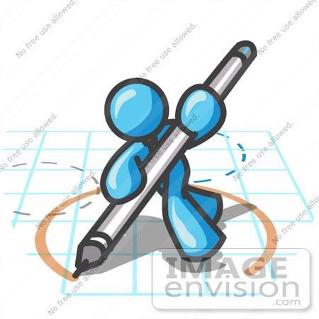 #35778 Clip Art Graphic of a Sky Blue Guy Character Drawing a Circle on Graph Paper by Jester Arts
