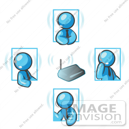 #35780 Clip Art Graphic of Sky Blue Guy Characters Having Conversations With Headsets by Jester Arts