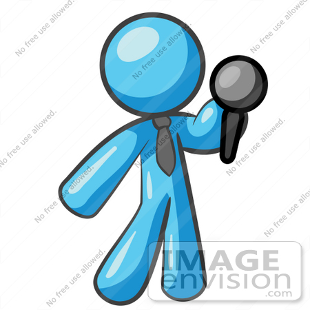#35794 Clip Art Graphic of a Sky Blue Guy Character Holding a Microphone by Jester Arts