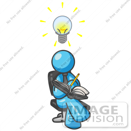 #35801 Clip Art Graphic of a Sky Blue Guy Character Writing Ideas Down by Jester Arts