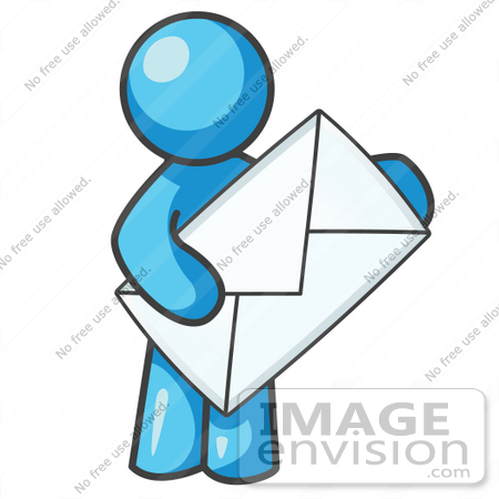 #35815 Clip Art Graphic of a Sky Blue Guy Character Holding an Envelope by Jester Arts