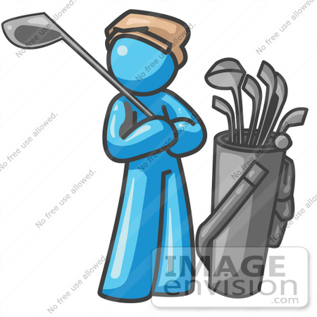 #35826 Clip Art Graphic of a Sky Blue Guy Character Golfing by Jester Arts