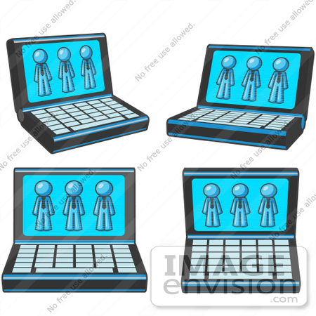 #35829 Clip Art Graphic of a Sky Blue Guy Character on Computer Screens by Jester Arts