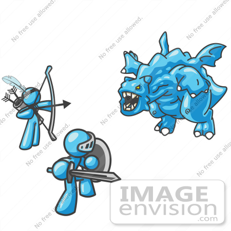 #35830 Clip Art Graphic of Sky Blue Guy Characters Killing a Dragon by Jester Arts