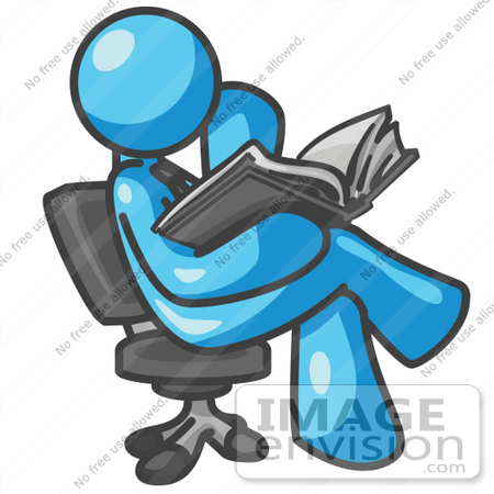#35859 Clip Art Graphic of a Sky Blue Guy Character Reading in a Chair by Jester Arts