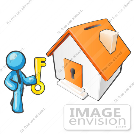#35860 Clip Art Graphic of a Sky Blue Guy Character With a Key to a Home by Jester Arts