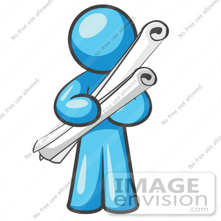 #35869 Clip Art Graphic of a Sky Blue Guy Character Holding Scrolled Blueprints by Jester Arts