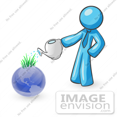 #35877 Clip Art Graphic of a Sky Blue Guy Character Watering a Globe by Jester Arts