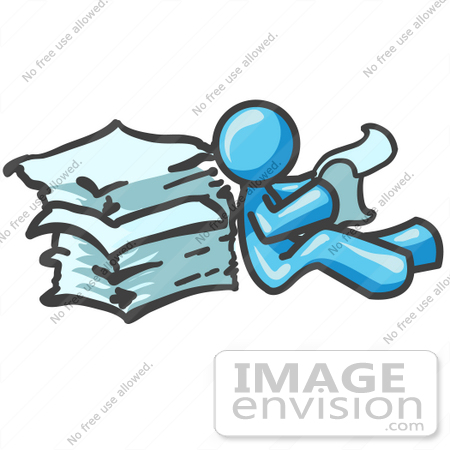 #35884 Clip Art Graphic of a Sky Blue Guy Character Reading Papers by Jester Arts