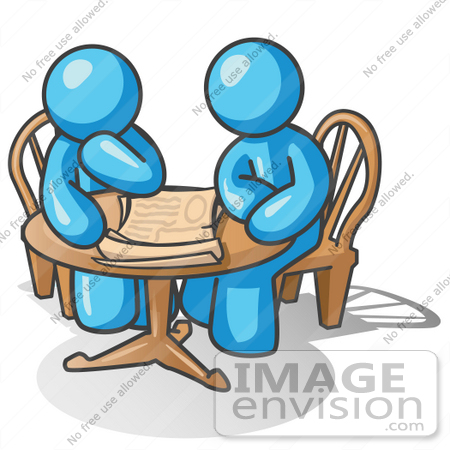 #35885 Clip Art Graphic of Sky Blue Guy Characters Reading at a Table by Jester Arts