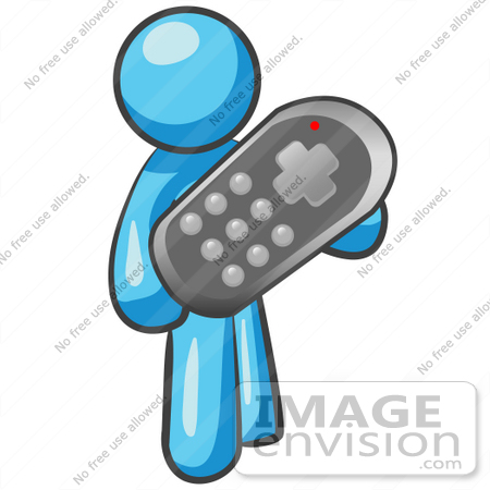 #35895 Clip Art Graphic of a Sky Blue Guy Character Holding a Remote Control by Jester Arts