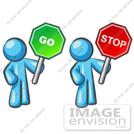 #35896 Clip Art Graphic of a Sky Blue Guy Character With Go and Stop Signs by Jester Arts