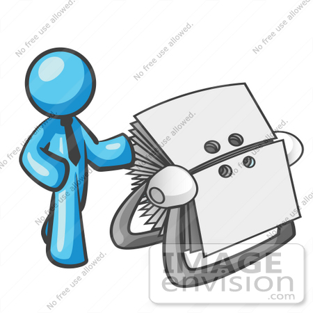 #35907 Clip Art Graphic of a Sky Blue Guy Character With an Index Card File by Jester Arts