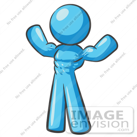 #35919 Clip Art Graphic of a Sky Blue Guy Character Flexing His Muscles by Jester Arts