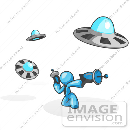 #35934 Clip Art Graphic of a Sky Blue Guy Character With UFOs by Jester Arts