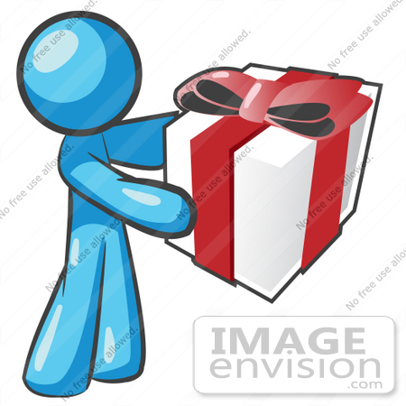#35938 Clip Art Graphic of a Sky Blue Guy Character Holding a Gift by Jester Arts