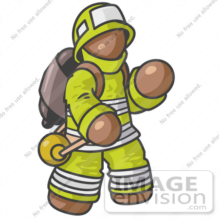 #35977 Clip Art Graphic of a Brown Guy Character Fireman by Jester Arts
