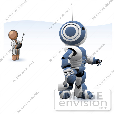 #36141 Clip Art Graphic of a Brown Guy Character Controlling a Robot by Jester Arts