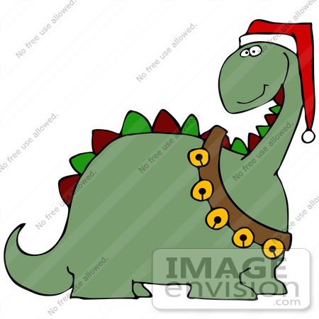 #36147 Clip Art Graphic of a Festive Christmas Dinosaur With Jingle Bells and a Santa Hat by DJArt