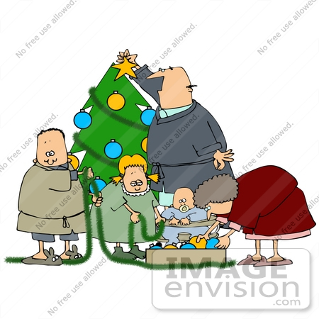 #36153 Clip Art Graphic of a Caucasian Family Decorating Their Christmas Tree by DJArt