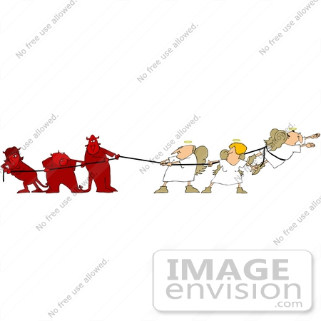 #36159 Clip Art Graphic of a Group Of Devils Battling With Angels During Tug Of War by DJArt