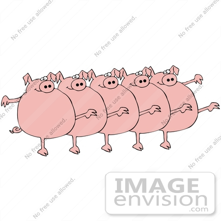 #36161 Clip Art Graphic of a Chorus Line of Chubby Pink Pigs by DJArt