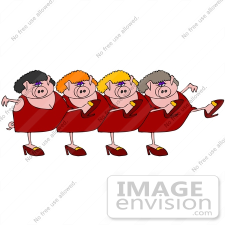 #36162 Clip Art Graphic of a Chorus Line of Chubby Pink Female Pigs in Heels and Dresses by DJArt