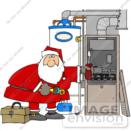#36167 Clip Art Graphic of Santa Repairing A Furnace With A Screwdriver by DJArt
