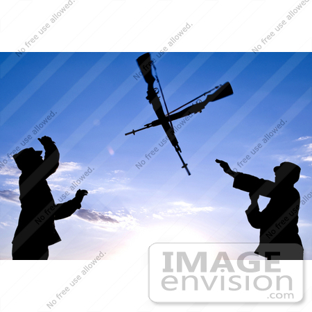 #36186 Stock Photo Of Two Silhouetted Soldiers Practicing An Over The Head Rifle Toss At Ellsworth Air Force Base by JVPD