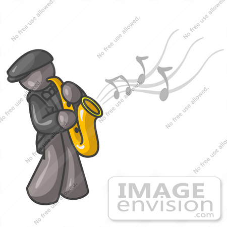 #36317 Clip Art Graphic of a Grey Guy Character Playing Jazz Music With a Sax by Jester Arts