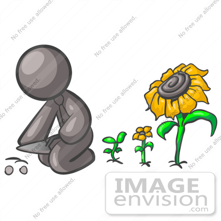 #36379 Clip Art Graphic of a Grey Guy Character Planting Sunflower Seeds by Jester Arts