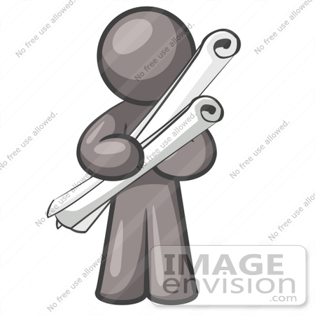 #36400 Clip Art Graphic of a Grey Guy Character Holding Blueprint Scrolls by Jester Arts