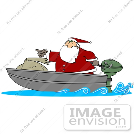 #36578 Clip Art Graphic of Santa Claus In A Motor Boat, Out For Delivering Toys by DJArt