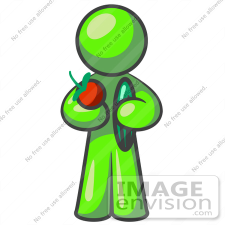 #36615 Clip Art Graphic of a Lime Green Guy Character Holding Veggies by Jester Arts