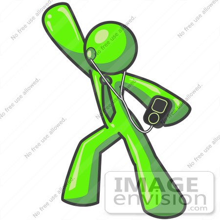 #36633 Clip Art Graphic of a Lime Green Guy Character Dancing and Listening to Music With an MP3 Player by Jester Arts