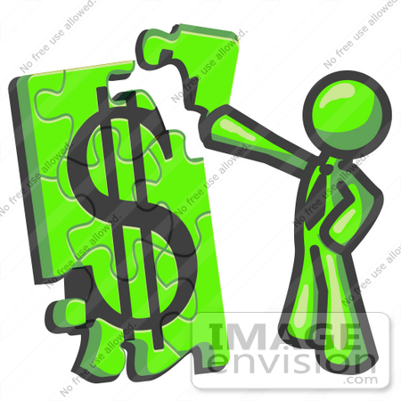 #36639 Clip Art Graphic of a Lime Green Guy Character Assembling a Financial Puzzle by Jester Arts