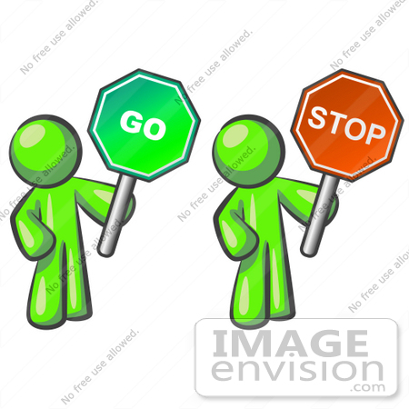 #36646 Clip Art Graphic of a Lime Green Guy Character Holding Go and Stop Signs by Jester Arts