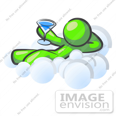 #36654 Clip Art Graphic of a Lime Green Guy Character Drinking a Cocktail on a Cloud by Jester Arts