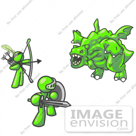 #36726 Clip Art Graphic of Lime Green Guy Characters Fighting a Dragon by Jester Arts
