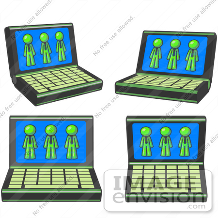 #36729 Clip Art Graphic of Lime Green Guy Characters on Laptop Computer Screens by Jester Arts