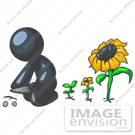 #36807 Clip Art Graphic of a Dark Blue Guy Character Planting Sunflower Seeds by Jester Arts